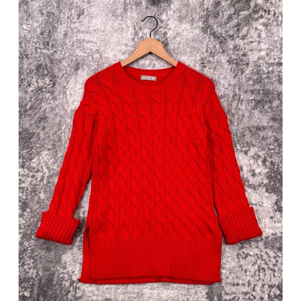 J Crew Sweater XS Womens Red Cable Knit Side Slit Crewneck Pullover